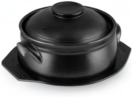Large Korean Ceramic Bowl with Lid and Trivet, 54 oz Sizzling Hot Pot with Double Handles for Cooking and Serving Dolsot Bibimbap, Soup, Rice, Stew, Casserole, Noodle (Frosted Black)