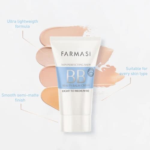FARMASi BB Cream Beauty Balm, Tinted Moisturizer with SPF 15, Lightweight Matte Finish, Buildable Coverage Face Makeup, 1.7 fl oz, 02 Light to Medium