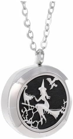 Aromatherapy Essential Oil Diffuser Stainless Steel 30MM Silver Magnetic Locket Pendant 2 Sizes Chain Necklace, Refill Pads & Diffuser Bracelet in a Velvet Bag (Witch)