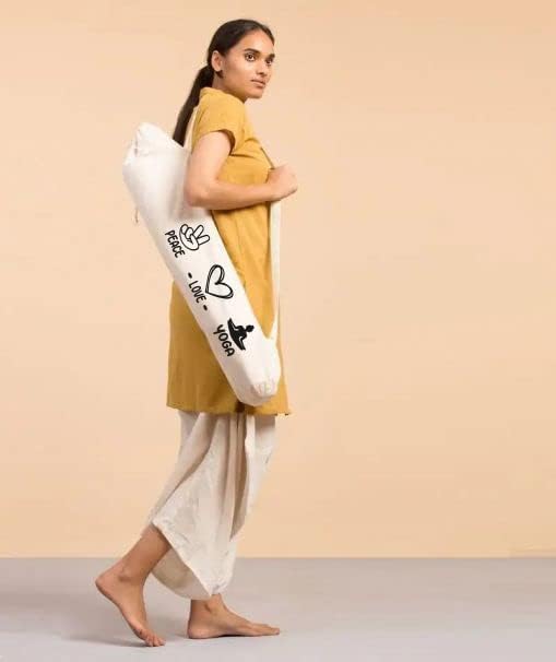 Mayatra's Organic Large Yoga Mat Tote Bag Cover -100% Cotton Lightweight,Washable Yoga Dust Bag With Adjustable Strap Unisex, Peace