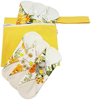 Lilind® 6 Pack Organic Cloth Pads, Regular 9 inch 100% Cotton Reusable Menstrual Sanitary Napkins, Free Wet Bag, Complete Set, Zero Waste