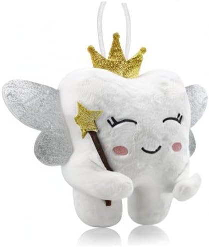 Tooth Fairy Pillow with Shiny Wings Embroidered Tooth Fairy Doll with Pocket Crystal Velvet Tooth Fairy Souvenir Boy Girl Gift (White) (White)