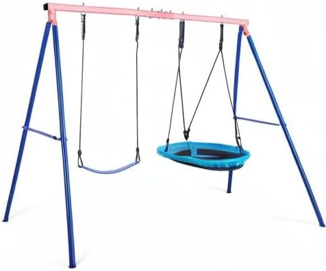 Lunafun Outdoor Swings for Kids, 440lbs, Heavy-Duty A-Frame Metal Outdoor Swing Stand, 1 Saucer & 1 Belt Swing Seat for Playground, Backyard Blue