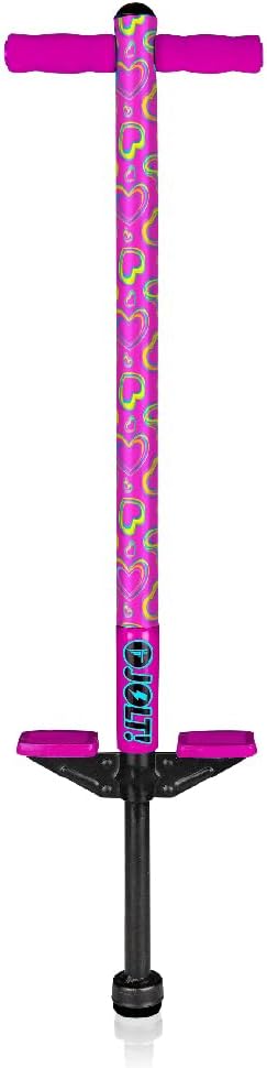 Flybar Jolt Pogo Stick for Kids, Perfect for Beginners w/Foam-Covered Metal Frame, Handles & Padding, Non-Slip Foot Pads, Wide Tip, Outdoor Active Play Toy for Boys & Girls, Ages 6+, Pink Hearts
