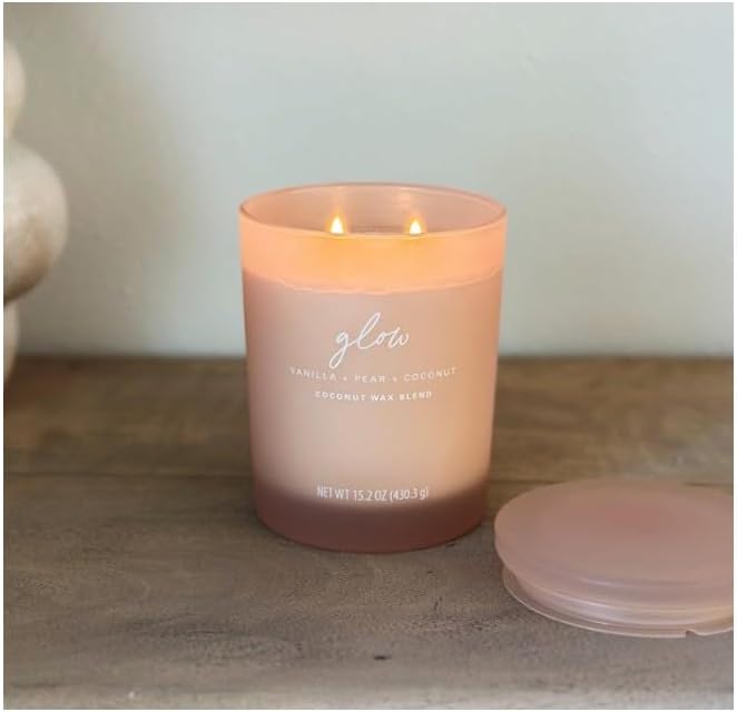 Glow 2-Wick Spa Candle, Vanilla Pear Coconut Scent, 15.2 oz, 50 Hour Burn Time, Frosted Glass Jar