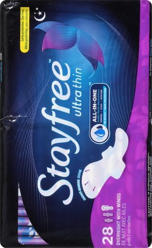 Stayfree Ultra Thin Overnight Pads with Wings, For Women, Reliable Protection and Absorbency of Feminine Moisture, Leaks and Periods, 28 Count
