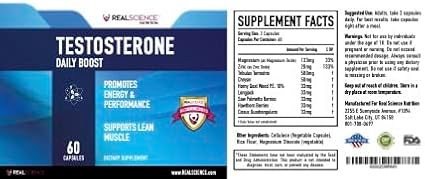 Real Science Nutrition Daily Boost Free Testosterone Booster for Men - Strongest Supplement for Muscle Growth, Bodybuilding & Energy with 9 Powerful Ingredients - 60 Capsules