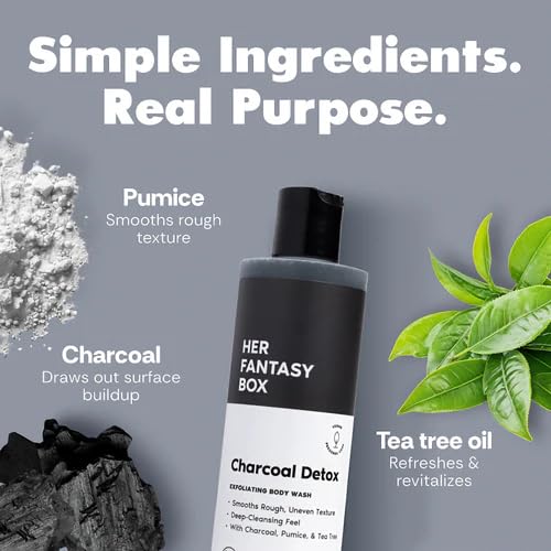 Her Fantasy Box | Charcoal Detox Exfoliating Body Wash – Activated Charcoal & Pumice Deep Cleanser with Tea Tree & Eucalyptus, Refreshing Exfoliation for Smoother Skin, Vegan & pH Balanced (8 oz)