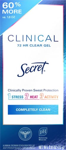Secret Clinical Strength 100HR Sweat & Odor, Clear Gel Antiperspirant Deodorant for Women, 3X Stress Protection with Hyaluronic Acid, PH Balancing Minerals, Completely Clean Scent, 2.6 oz (Pack of 12)