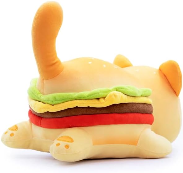 61-PCS | Cheeseburger Cat Plush + 60 PCS Sticker - Food Themed Mini Squishy Figures - Embroidery Realistic Plush Pillow - Kawaii Hamburger Cat Stuffed Animal Collectibles - Includes Cartoon Stickers