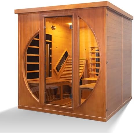 Infrared 2 Person Wooden Sauna Room, Luxurious Red Cedar Sauna with Recliner, 3400W Dry Heat Sauna for Home, 9 Heating Panels, Bluetooth Speaker, 7Color Lights, Oxygen Bar, 220V(Red Cedar)