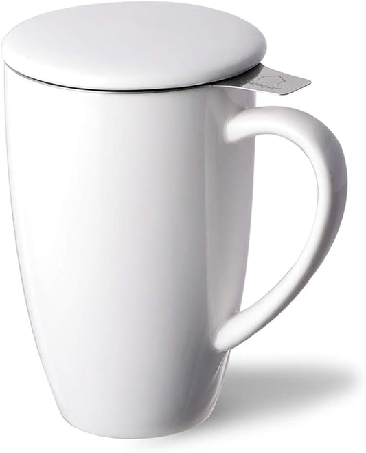 Sweejar Porcelain Tea Infuser Cup with Lid, 16 oz Tea Cup with Strainers for Loose Leaf Tea, Microwave and Dishwasher Safe Coffee Mug, Tea Steeping Mug for Tea Drinkers,Christmas Gift (White)