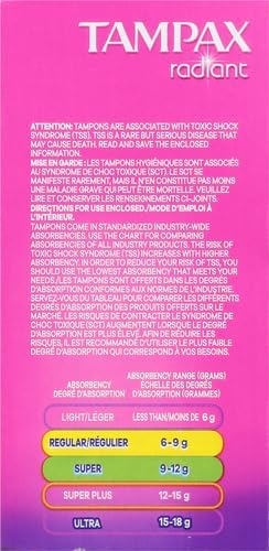 Tampax Radiant Tampons Multipack with Leakguard Braid, Regular/Super Absorbency, with Leakguard Braid, Unscented, 28 Count (Pack of 2)