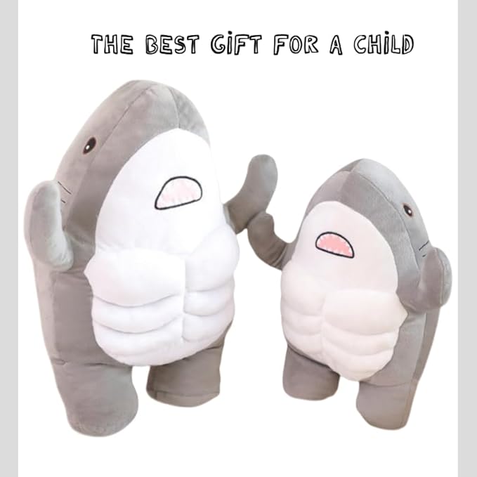 Muscle Shark Stuffed Animal - Cute 3D Muscle Shark Pillow Plush Toy，Gifts for Kids - 13.8inches（Grey）