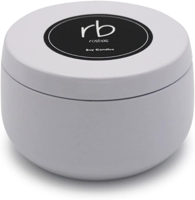 rosbas Unscented Soy Wax Candle - 6 oz Tin in Drawstring Cotton Bag - Clean Burning and Fragrance Free - White - Made in USA