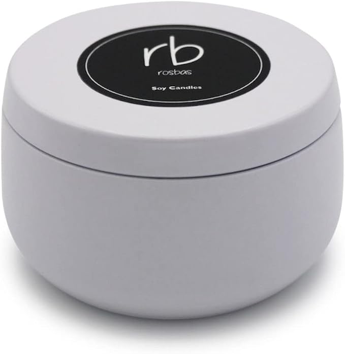 rosbas Sandalwood Soy Wax Candle - 6 oz Tin in Drawstring Cotton Bag - Clean Burning for Grounding and Peace - White - Made in USA