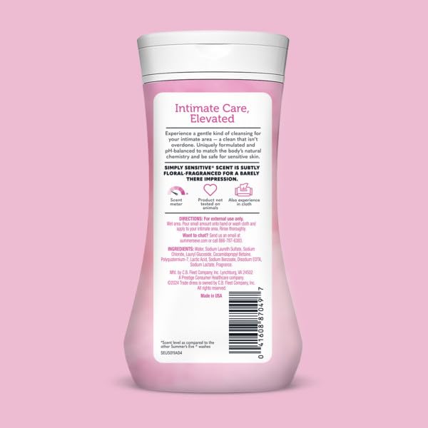 Summer's Eve Simply Sensitive Feminine Cleansing Wash, Sensitive Skin Daily Intimate Wash, Removes Odor, pH Balanced, Hypoallergenic, 9 Ounce (Pack of 2)