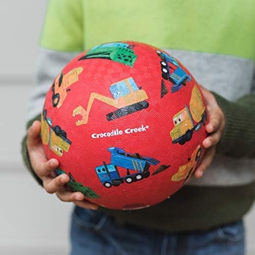Crocodile Creek Playground Ball - Durable Rubber Ball for Kids Ages 3 and Up, Bouncy Inflatable Ball for Kickball, Indoor and Outdoor, PVC-Free - Little Builder Construction Vehicles - 7-inch Diameter