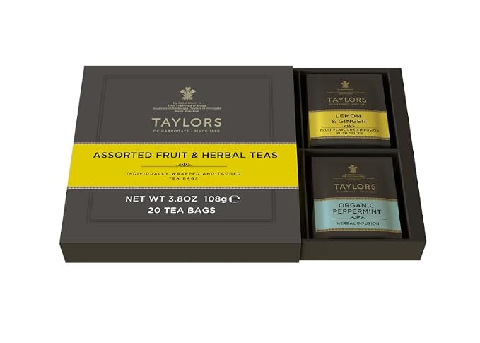 Taylors of Harrogate Assorted Specialty Fruit and Herbal Teas Sampler, Variety Gift Box, Individually Wrapped Bags, 20 Count (Pack of 1), Lemon & Ginger, Blackberry & Raspberry, Pure Peppermint, and Pure Chamomile, Caffeine-Free, Enjoy Hot or Iced, 20 ...