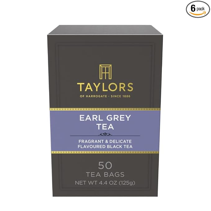 Taylors of Harrogate Earl Grey, Black Tea, Pillow Bags, 50 Count (Pack of 6), Fragrant, Delicate & Light, Caffeinated, Enjoy Hot or Iced, 300 Teabags Total
