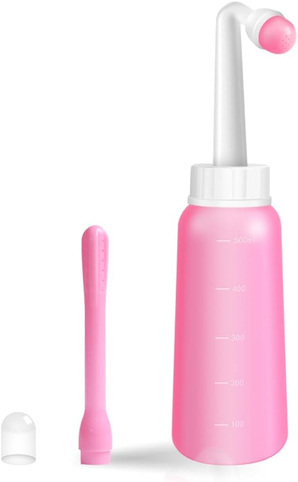 Peri Bottle Vaginal Douche- Postpartum and Perineal Care，Multi-Functional Douche Bottle for Women, 2IN1 Short Punch+Long Punch, 500ml, Pink