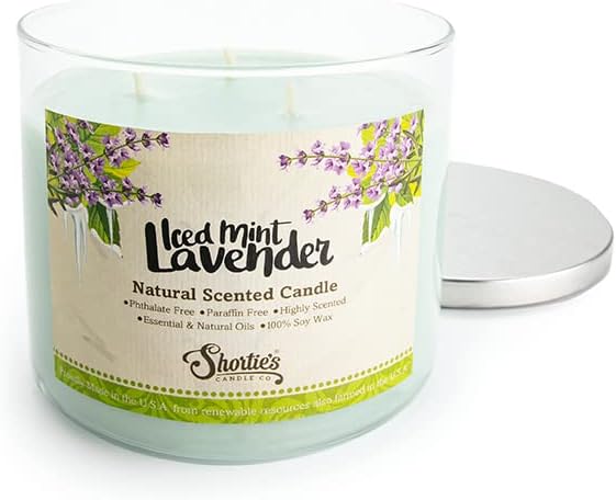 Iced Mint Lavender Highly Scented Natural 3 Wick Candle, Essential Fragrance Oils, 100% Soy, Phthalate & Paraben Free, Clean Burning, 14.5 Oz.