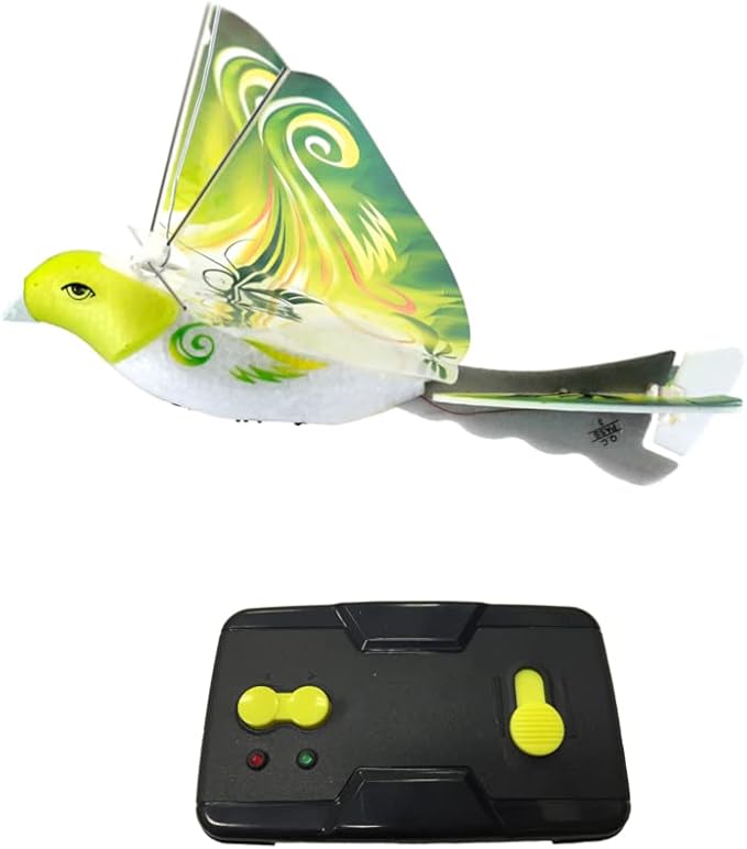 MUKIKIM eBird Green Parrot - Flying RC Bird Drone Toy for Kids. Indoor/Outdoor Remote Control Bionic Flapping Wings Bird Helicopter. USB Recharging.