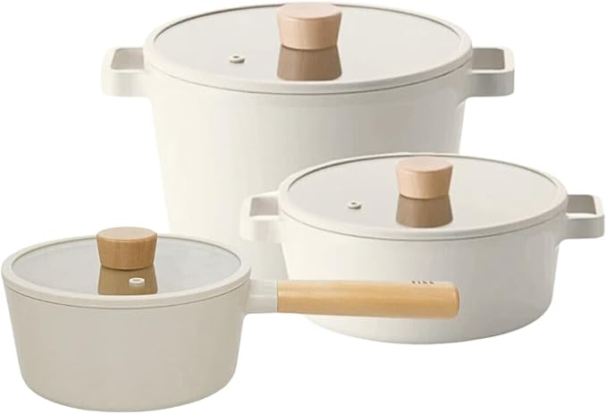 Neoflam FIKA 6 Piece Kitchen Nonstick Cookware Pot Set with GlassLid, Induction, Multipurpose Cooking Essential Casserole, Every Day Use, Made in Korea (Ivory)