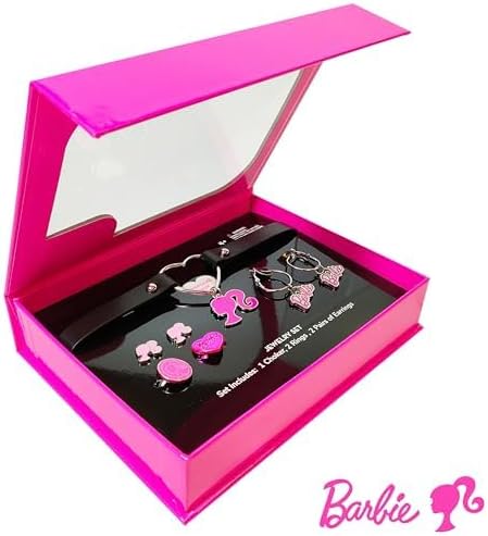 LUV HER Barbie themed 2-Piece Adjustable Ring Set, a pair of stud and hoop earrings, and a choker for Girls - Barbie Themed Charms, Universally Fitting & Stylish Gifts - Ages 4+