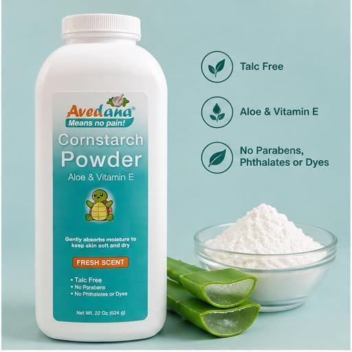 Avedana Talc-Free Cornstarch Body Powder with Aloe Vera & Vitamin E, Moisture Absorbing Fresh Scent Powder for Men & Women, No Parabens or Phthalates, 22 oz