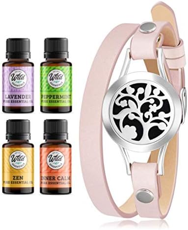 Wild Essentials Arbol Tree Essential Oil Leather Wrap Bracelet Diffuser, Gift Set, Lavender, Lemongrass, Peppermint, Orange Oils, 12 Pads, Customize Color Changing Perfume Jewelry, Aromatherapy, Pink