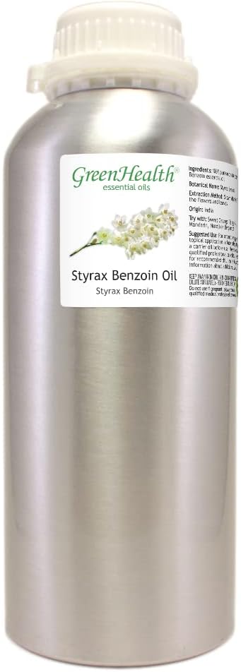 Styrax Benzoin – 32 fl oz (946 ml) Aluminum Bottle w/Plug Cap – 100% Pure Essential Oil – GreenHealth