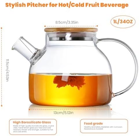 JOUALY Glass Teapot 34oz/1000ml, Stovetop & Microwave Safe Borosilicate Tea Pot,Clear Teapot with Strainer, Glass Tea Kettle with Wooden Lid for Loose Leaf、Fruit Tea and Fragrant Tea