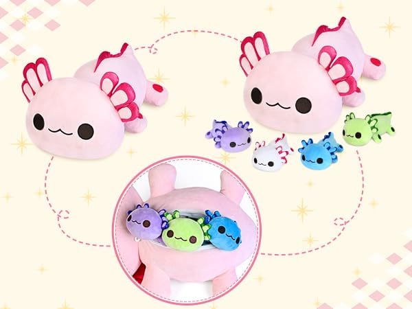 KMUYSL Axolotl Plush Toys for Ages 3 4 5 6 7 8+ Year Old- Axolotl Mommy Stuffed Animal with 4 Baby Axolotls in Her Tummy, Plush Toys Set, Christmas Birthday Gifts for Baby, Toddler, Kids