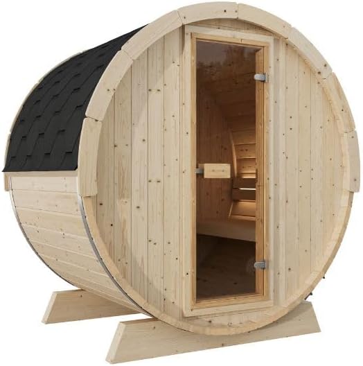EuroSauna 2-Person Outdoor Barrel Sauna with Shingles, Lighting, & 6kW Harvia Sauna Heater, 81x59 (KIT 2)