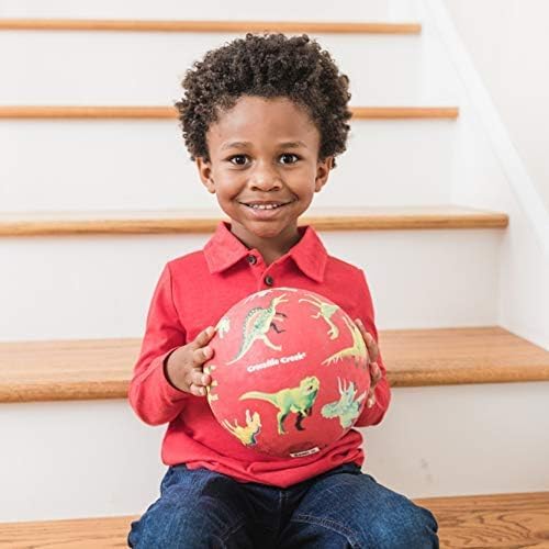 Crocodile Creek Playground Ball - Durable Rubber for Kids Ages 3 and Up - Bouncy Inflatable for Kickball, Indoor Games, and Outdoor Sports - PVC-Free - Dinosaurs - Red - 7-inch Diameter
