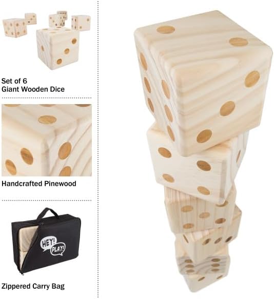 Wooden Yard Dice Set - 6-Pack of 3.5" Giant Playing Dice for Outdoor Games, With Zippered Carrying Case
