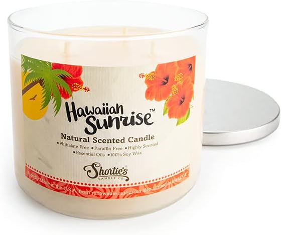 Hawaiian Sunrise Scented Natural 3 Wick Candle, Essential Fragrance Oils, 100% Soy, Phthalate & Paraben Free, Clean Burning, 14.5 Oz.