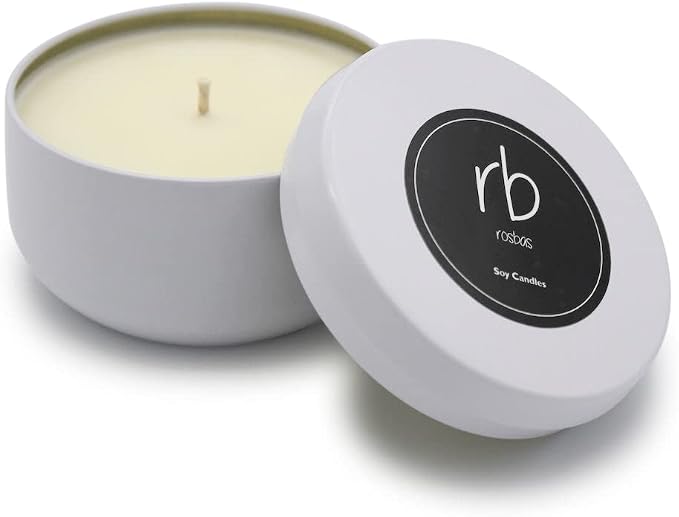 rosbas Peppermint & Eucalyptus Soy Wax Candle - 6 oz Tin in Drawstring Cotton Bag - Clean Burning for Refreshing Clarity - White - Made in USA