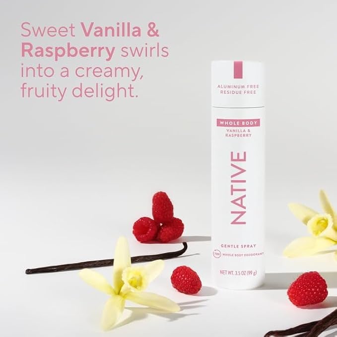 Native Whole Body Deodorant Spray for Women, 72 hour Aluminum free Deodorant Spray, Vanilla & Raspberry, 3.5oz with Westside Dispenser Pump
