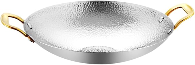 Kichvoe Hammered Griddle 11.81 Inch Double Handle Cooking Pan Stainless Steel Kitchen Cookware for Hot Pot Seafood Korean Ramen Home and Restaurant Use