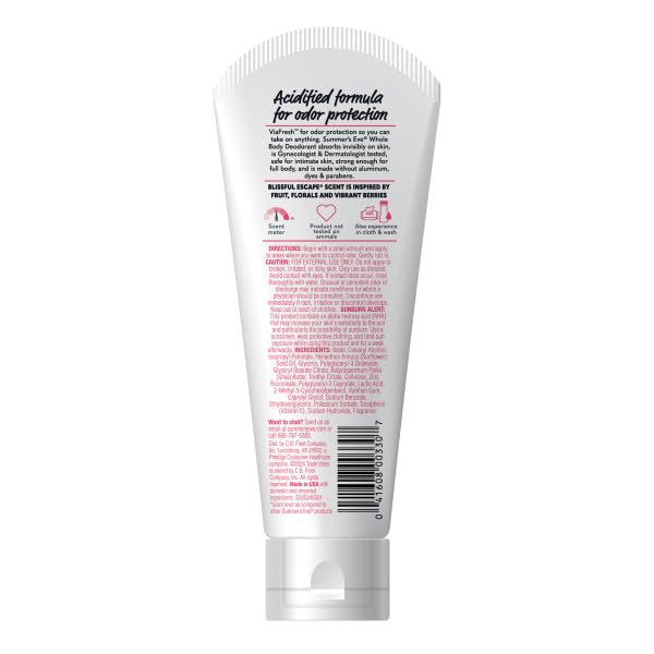 Summer’s Eve Ultimate Odor Protection Whole Body Deodorant Cream, Blissful Escape, Aluminum Free, All Day Odor Control, Invisible Cream, 3 Ounce (Pack of 6)