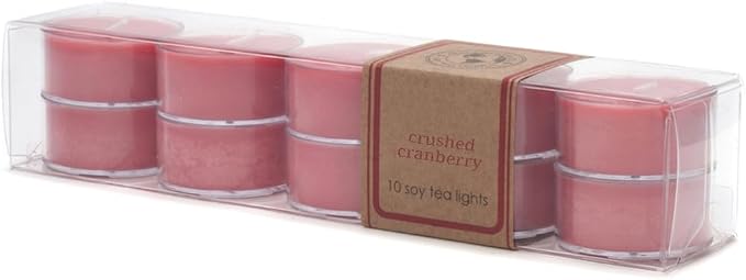 Eco Candle Co. Crushed Cranberry Tea Light Candles, 10-Pk, 9 Hr Burn Time | Scents of Fresh Cranberries, Apples, Citrus, Clove & Cinnamon - Recyclable, No Lead, Kraft Paper Label & Lid, Hand Poured