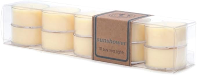 Eco Candle Co. Sunshower Tea Light Candles, 10-Pack, 9 Hr Burn Time | Scents of Citrus & Musk - Recyclable Plastic Cups, No Lead, Hand Poured, Made from Midwest Grown Soybeans, .6 oz. Each