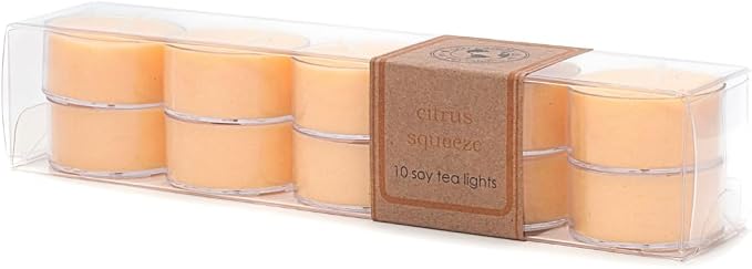Eco Candle Co. Citrus Squeeze Tea Light Candles, 10-Pack, 9 Hr Burn Time | Scents of Sweet Orange, Tangerine, Pink Grapefruit, Lemon, Lime, No Pthalates, Made in USA, No Lead