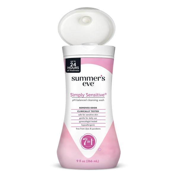 Summer's Eve Simply Sensitive Feminine Cleansing Wash, Sensitive Skin Daily Intimate Wash, Removes Odor, pH Balanced, Hypoallergenic, 9 Ounce (Pack of 4)