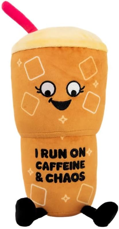 Coffee Plushie - I Run On Caffeine & Chaos Punny Plush, Gift for Coffee Lovers, Food Plush Toy for Gifting