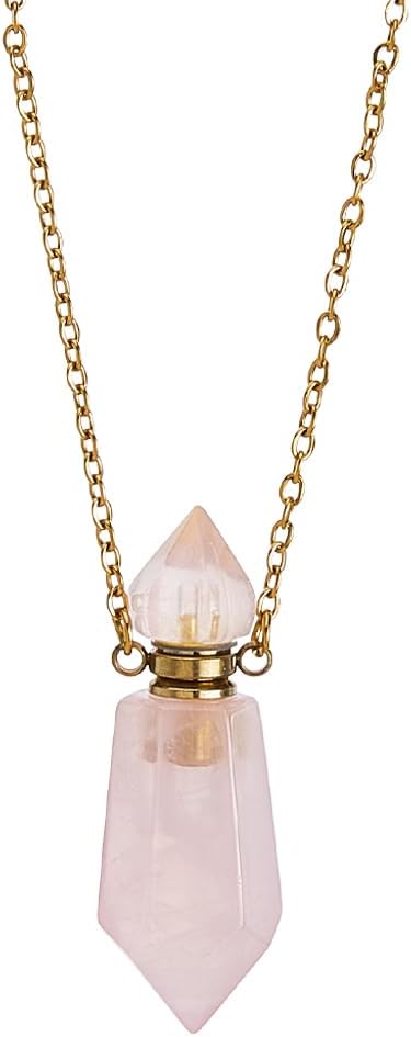 SUPERFINDINGS Natural Rose Quartz Stone Perfume Bottle Pendant Gemstone Crystal Perfume Bottle Essential Oil Necklace Diffuser Necklace Hexagonal Pointed Reiki Chakra Pendant for Woman Men