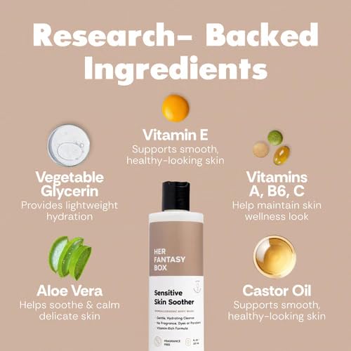 Her Fantasy Box | Sensitive Skin Soother Gentle Body Wash – Fragrance-Free Probiotic Cleanser with Chamomile, pH Balanced, Vegan & Cruelty Free, 8 oz