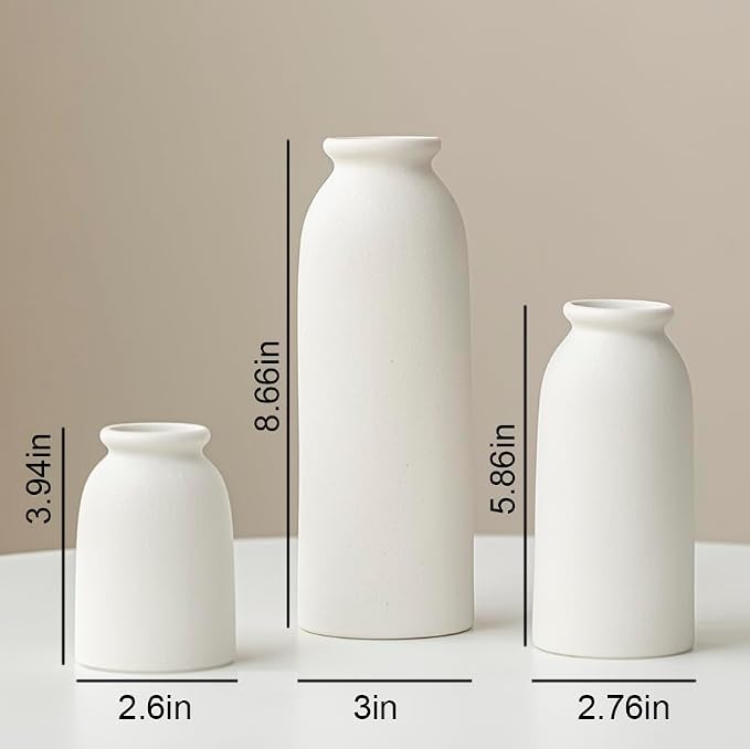 Ceramic Vase Set-3, Small Flower Vases for Decor, Modern Boho Farmhouse Style, Decorative Vases for Pampas Grass & Dried Flowers, Distressed Finish (White)